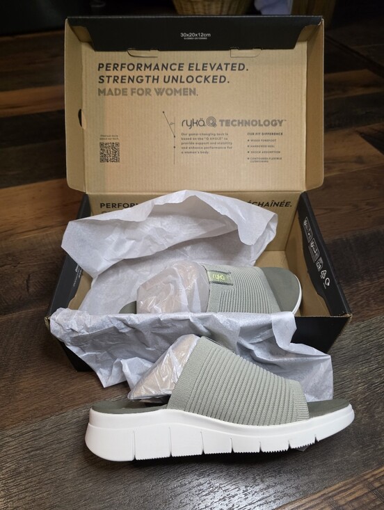 Ryka Shoes - Ryka Ribbed Slip-On Slides in Abbey Green and White